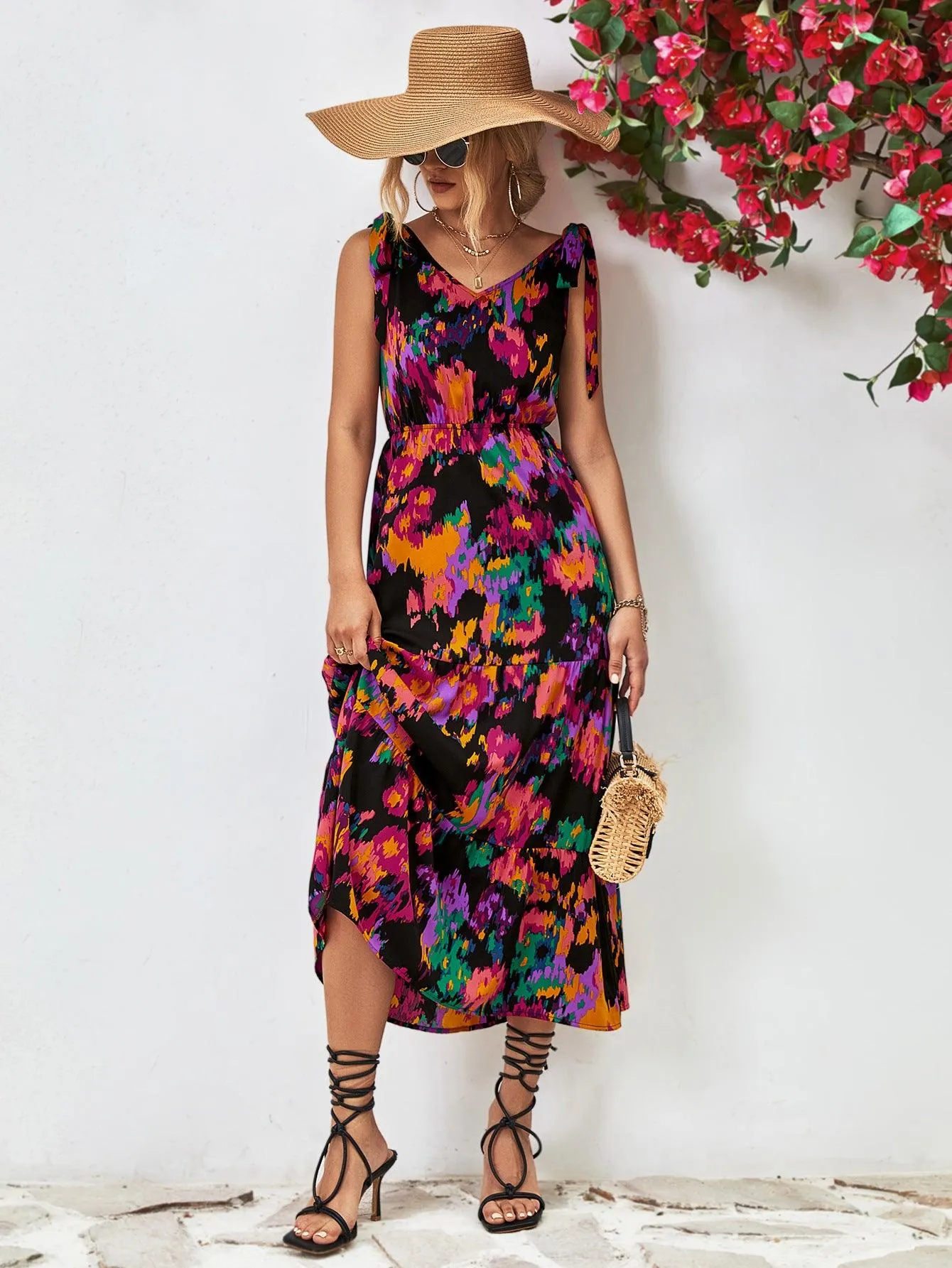 Hazel Blues® |  Multicolored V-Neck Backless Midi Dress