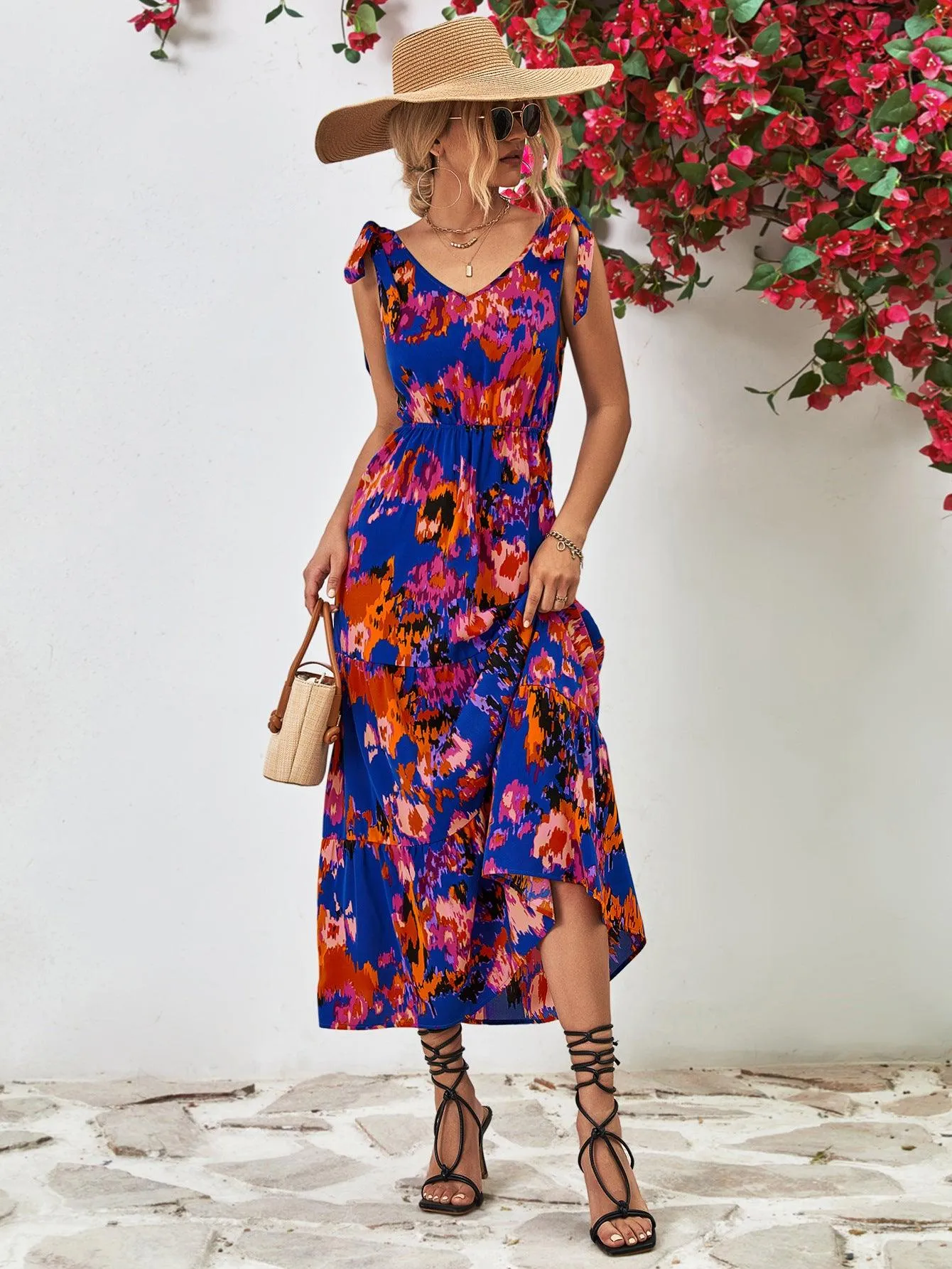 Hazel Blues® |  Multicolored V-Neck Backless Midi Dress