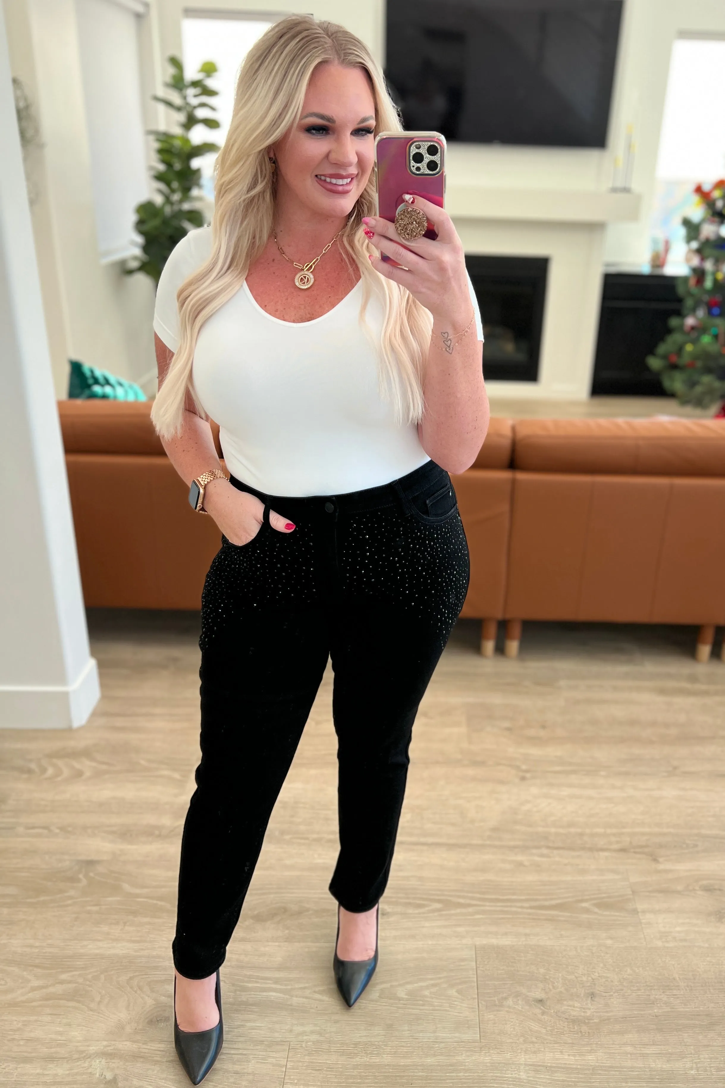 Hazel Blues® |  Reese Rhinestone Slim Fit Jeans in Black