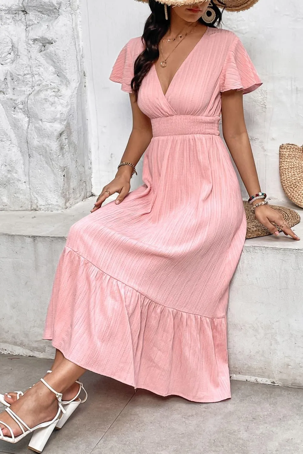 Hazel Blues® |  Surplice Neck Smocked Waist Flutter Sleeve Dress