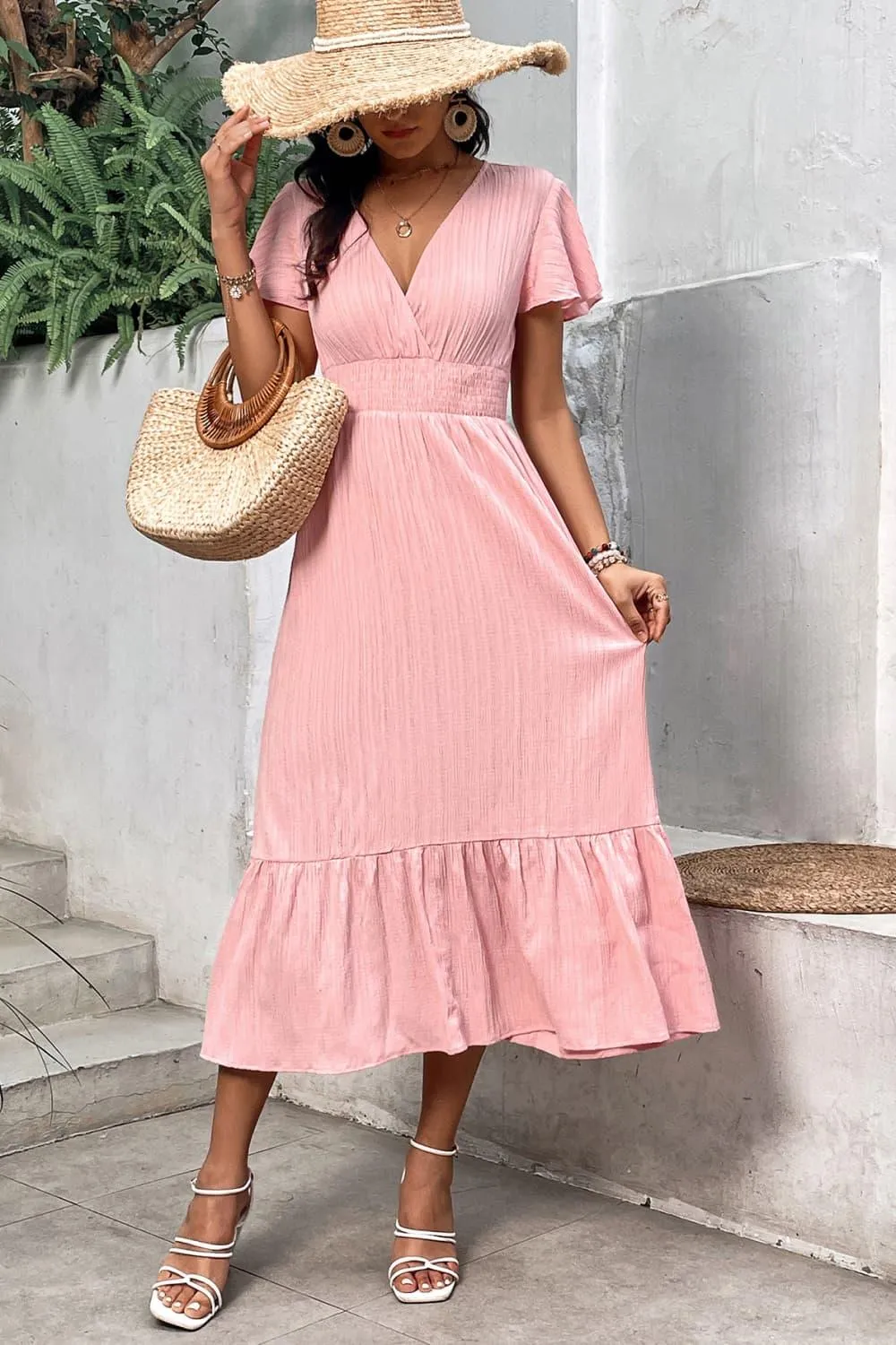 Hazel Blues® |  Surplice Neck Smocked Waist Flutter Sleeve Dress