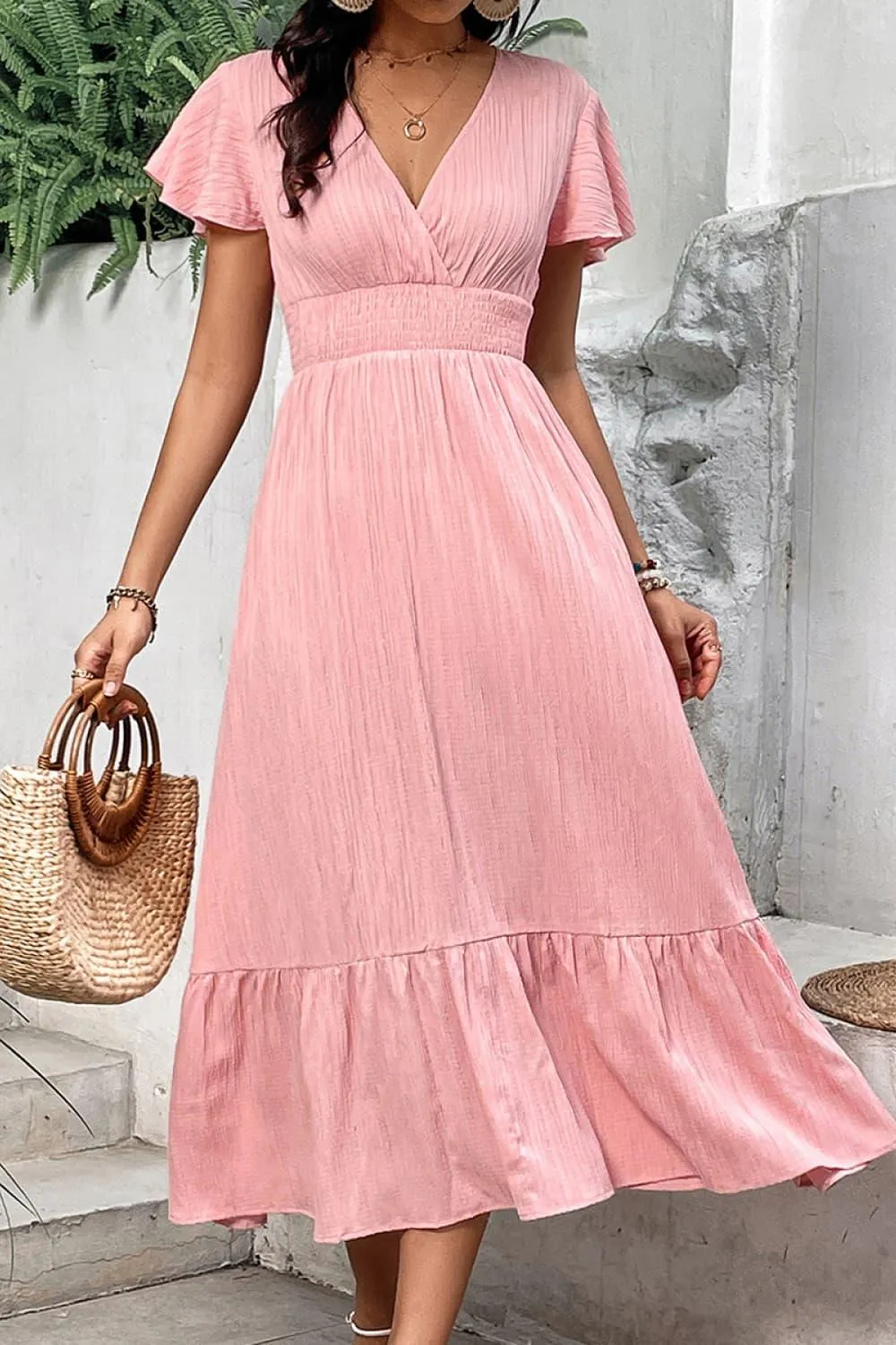 Hazel Blues® |  Surplice Neck Smocked Waist Flutter Sleeve Dress