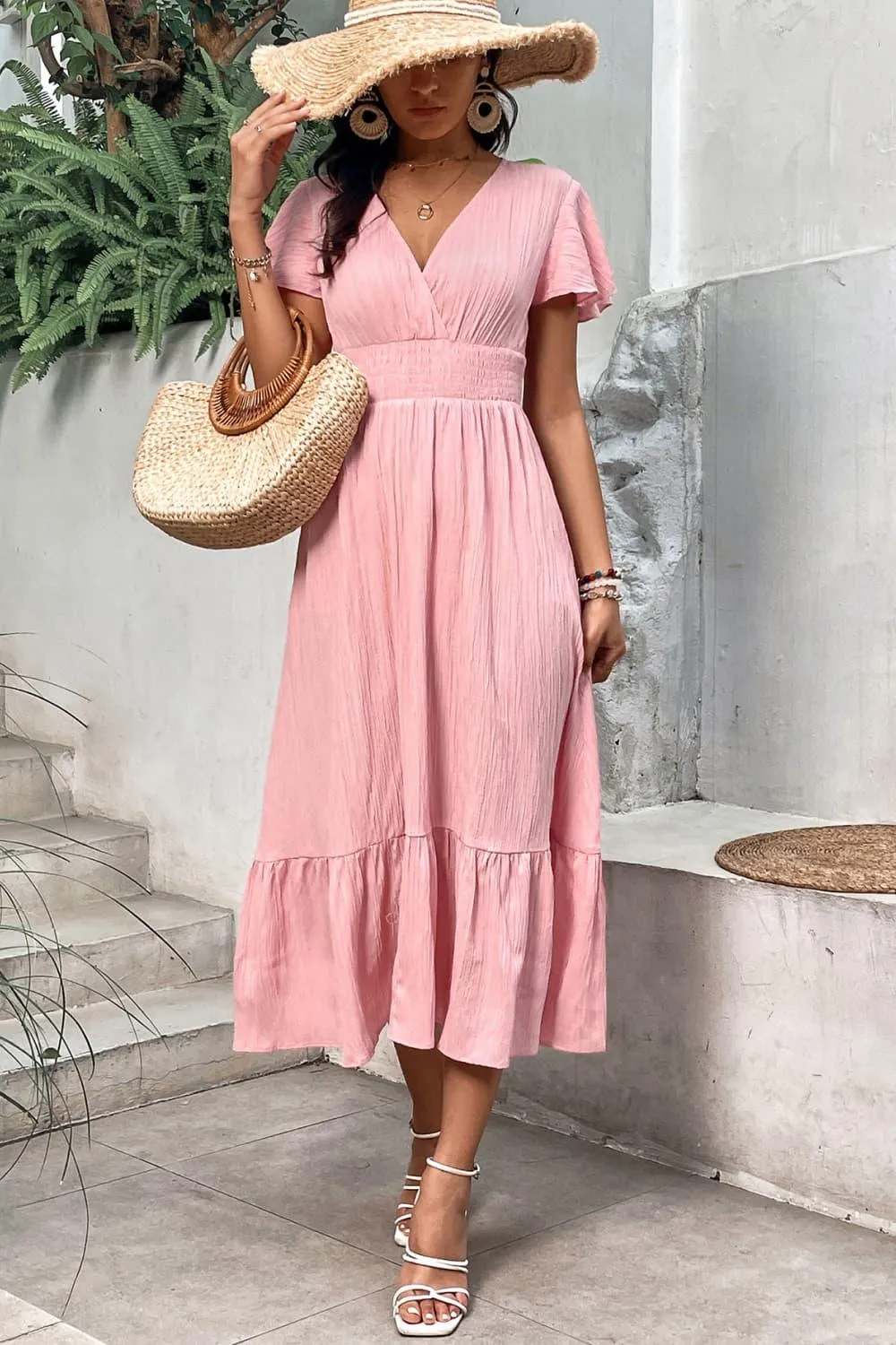 Hazel Blues® |  Surplice Neck Smocked Waist Flutter Sleeve Dress