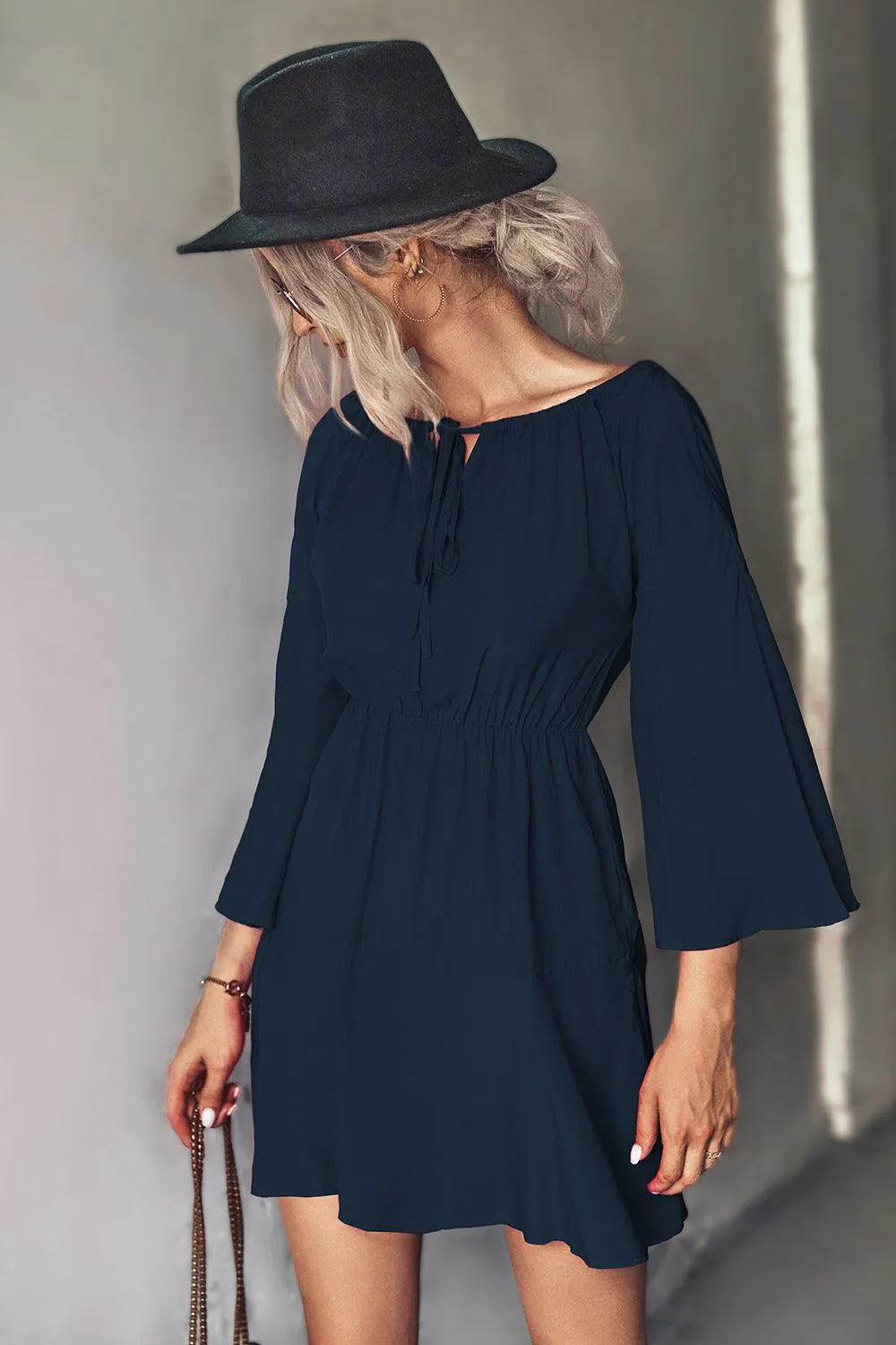 Hazel Blues® | Tie Neck Flare Sleeve Mini Dress