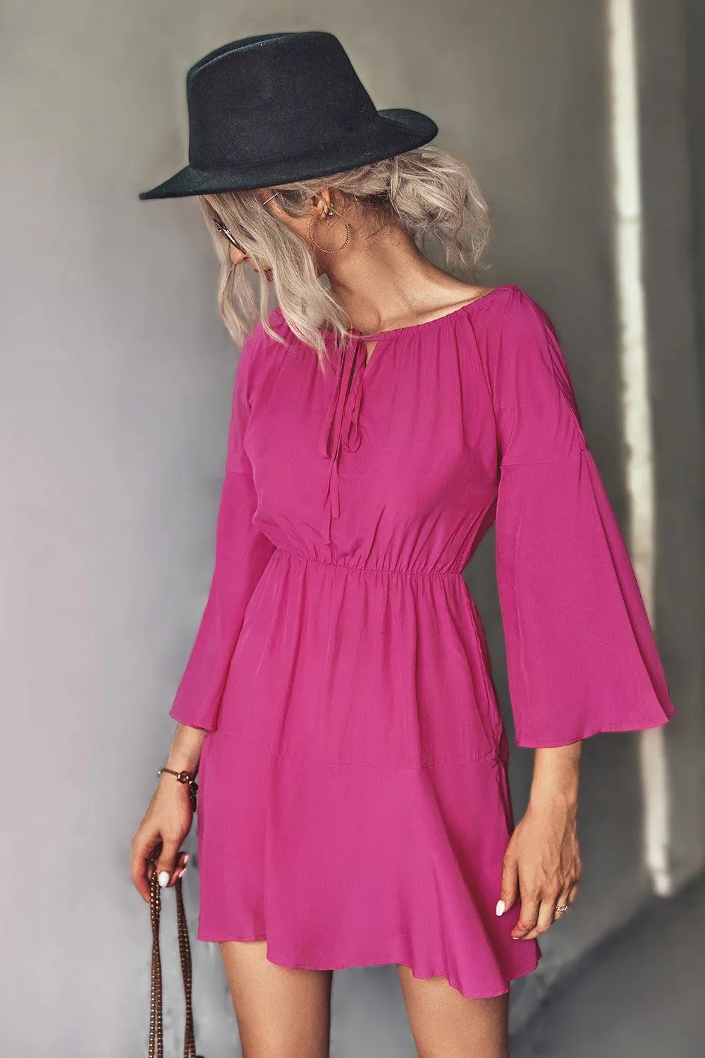 Hazel Blues® | Tie Neck Flare Sleeve Mini Dress