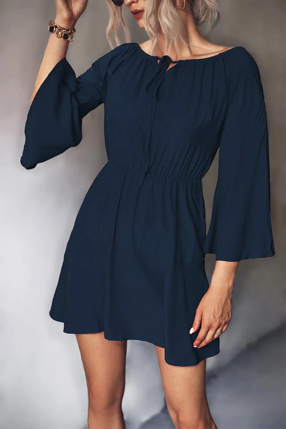 Hazel Blues® | Tie Neck Flare Sleeve Mini Dress
