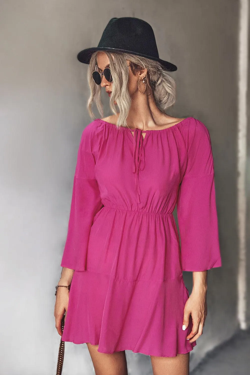 Hazel Blues® | Tie Neck Flare Sleeve Mini Dress