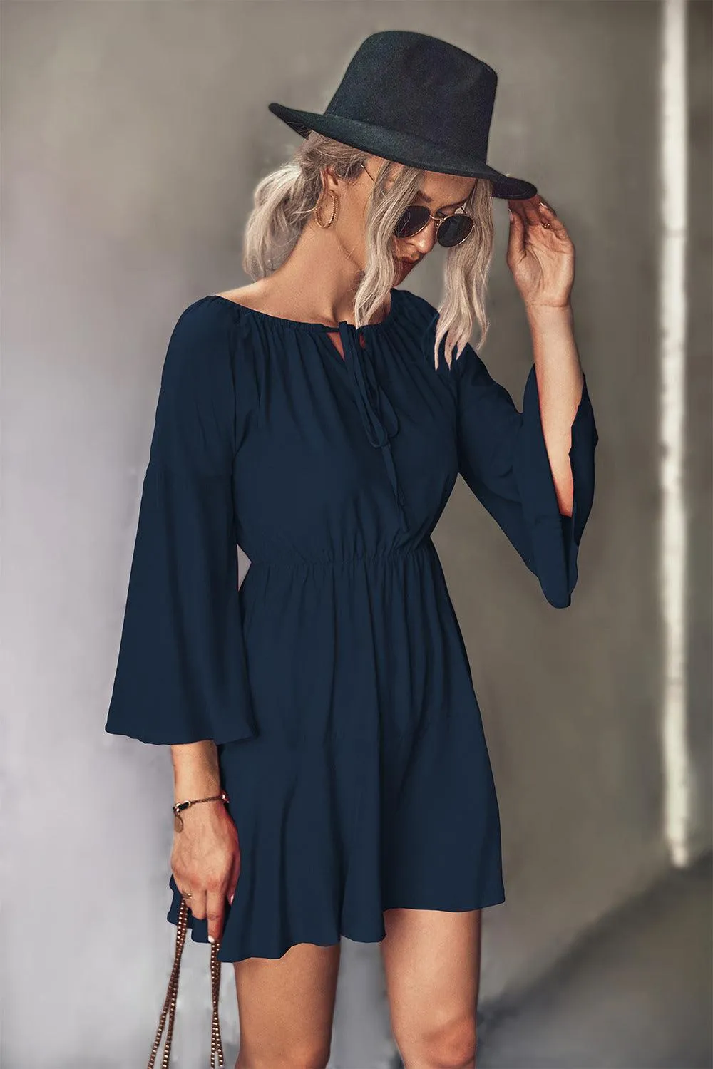 Hazel Blues® | Tie Neck Flare Sleeve Mini Dress