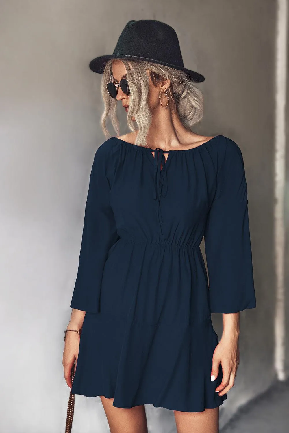 Hazel Blues® | Tie Neck Flare Sleeve Mini Dress
