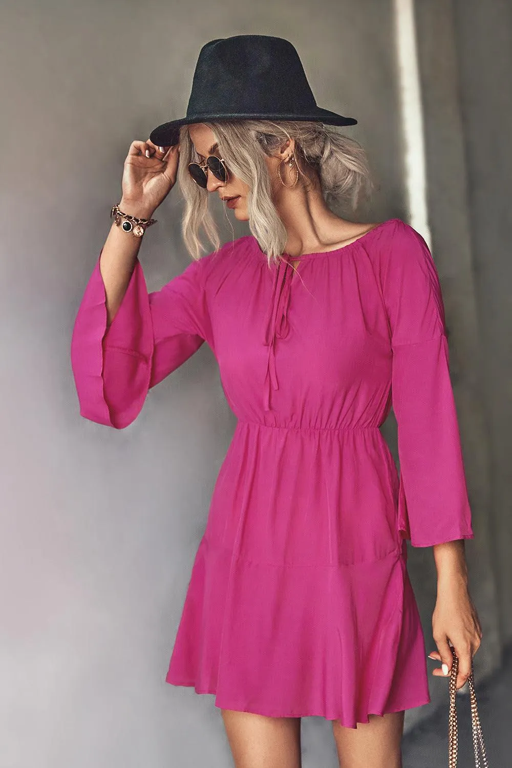 Hazel Blues® | Tie Neck Flare Sleeve Mini Dress