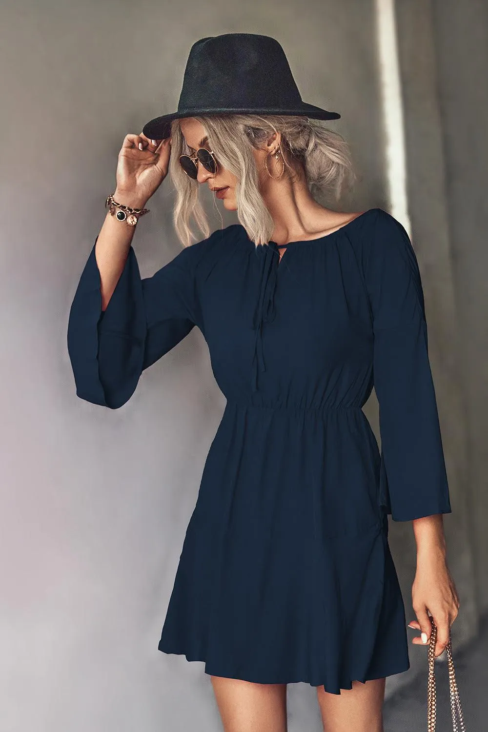 Hazel Blues® | Tie Neck Flare Sleeve Mini Dress