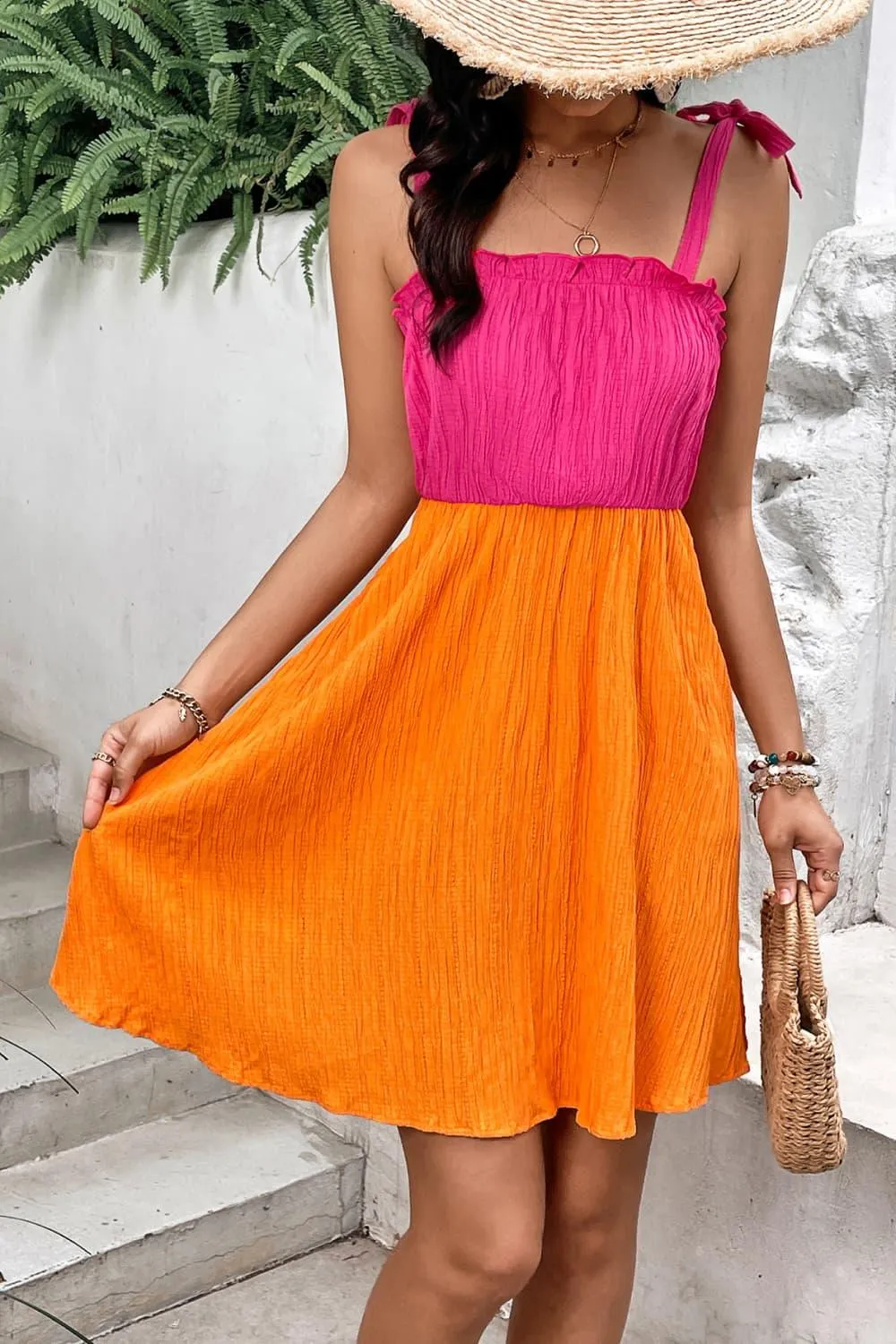 Hazel Blues® |  Two-Tone Tie-Shoulder Frill Trim Dress