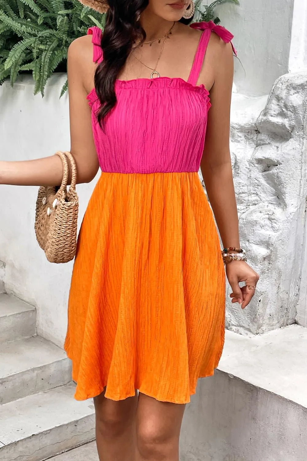 Hazel Blues® |  Two-Tone Tie-Shoulder Frill Trim Dress