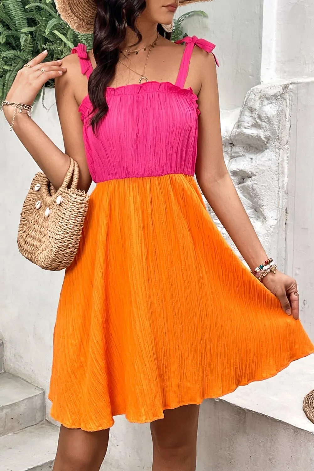 Hazel Blues® |  Two-Tone Tie-Shoulder Frill Trim Dress