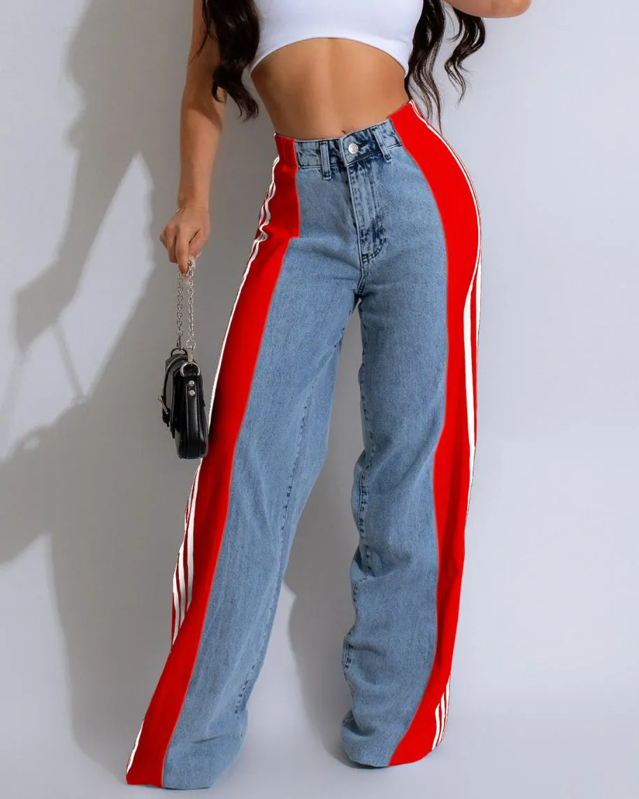 High Waisted Straight Pants Casual Pants Striped Patchwork Jeans