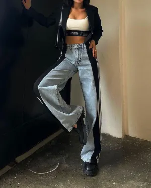 High Waisted Straight Pants Casual Pants Striped Patchwork Jeans