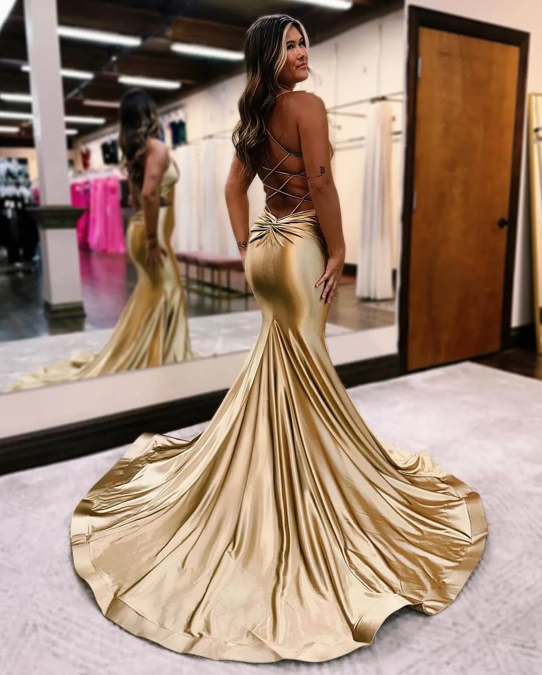 Hot Simple Gold Prom Dresses 2024 Satin Mermaid Formal Dress