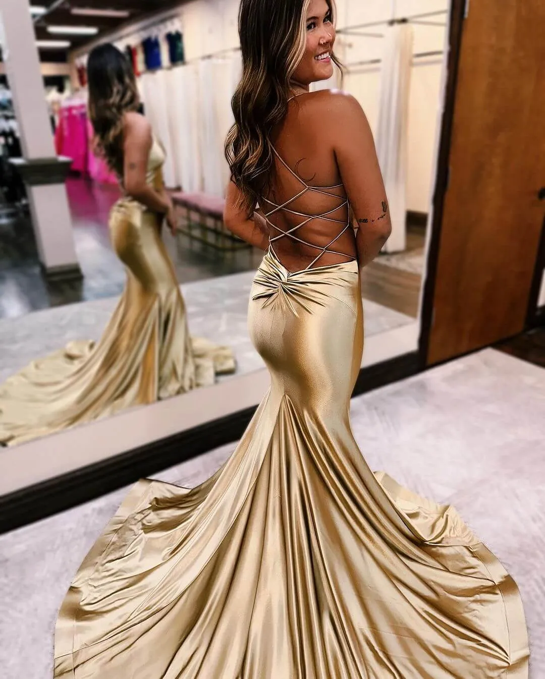 Hot Simple Gold Prom Dresses 2024 Satin Mermaid Formal Dress