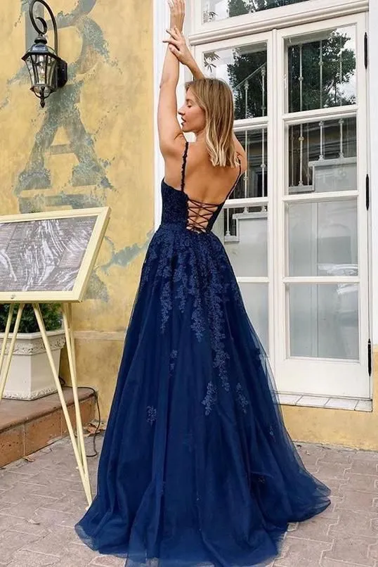Hot V Neck Lace Prom Dresses Navy Blue Long Spaghetti Straps Evening Dresses