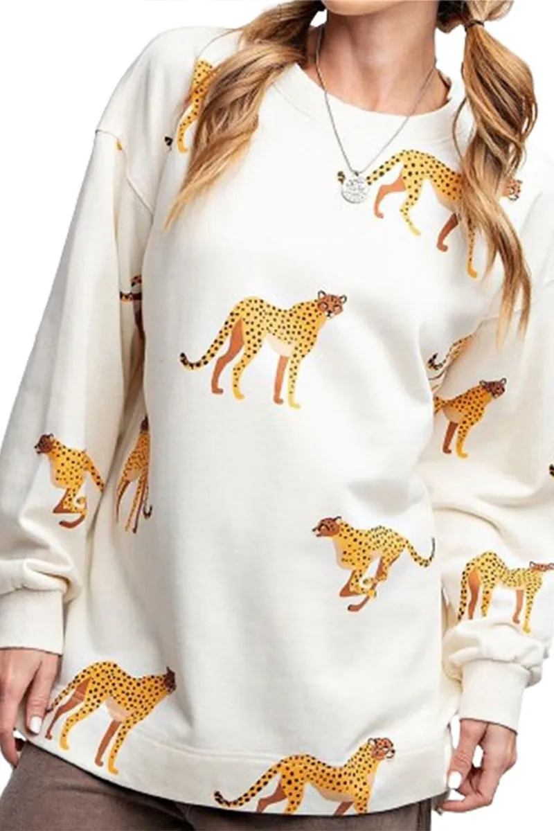 HTS1304 Wild Cheetah Print Sweatshirt Top