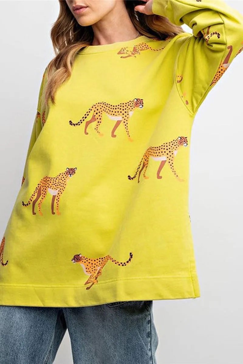 HTS1304 Wild Cheetah Print Sweatshirt Top