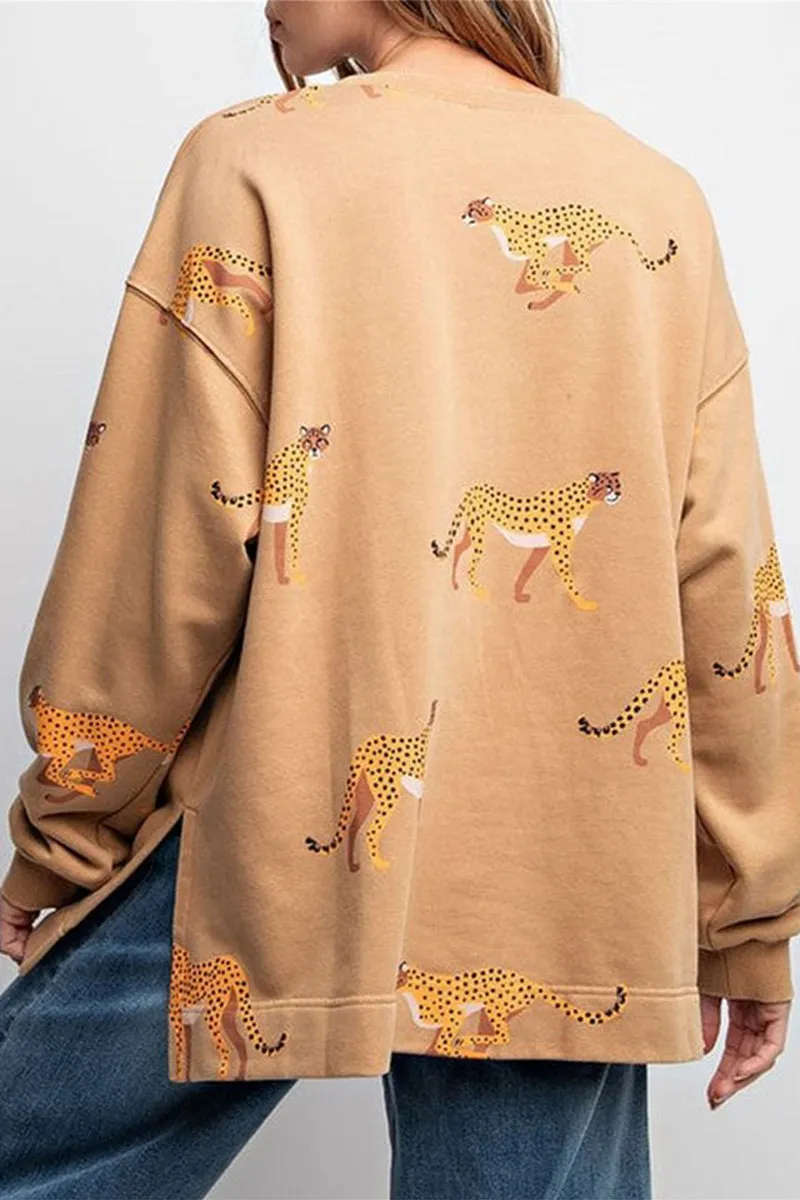 HTS1304 Wild Cheetah Print Sweatshirt Top