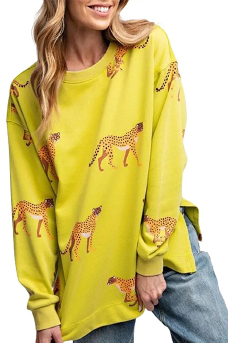 HTS1304 Wild Cheetah Print Sweatshirt Top