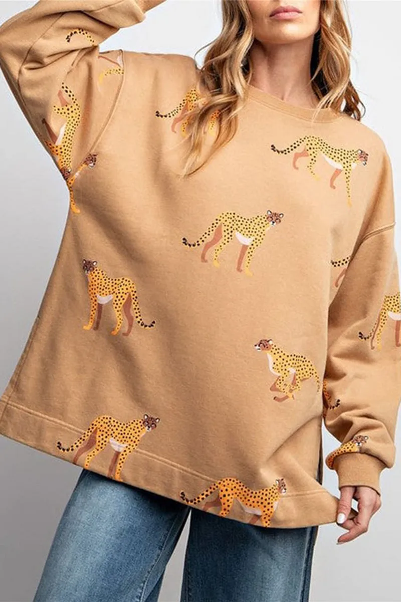 HTS1304 Wild Cheetah Print Sweatshirt Top