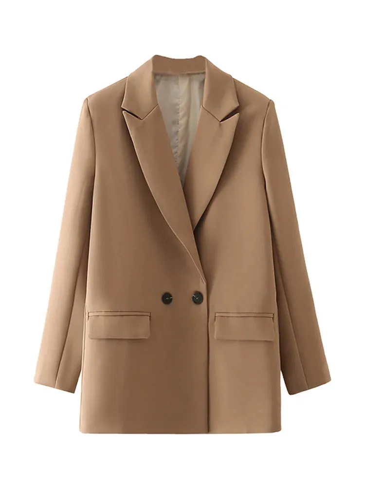 JazzHer Women Chic Office Lady Double Breasted Blazer Vintage Coat Fashion Notched Collar Long Sleeve Ladies Outerwear Stylish Tops