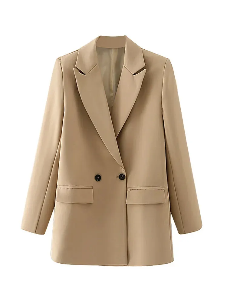 JazzHer Women Chic Office Lady Double Breasted Blazer Vintage Coat Fashion Notched Collar Long Sleeve Ladies Outerwear Stylish Tops
