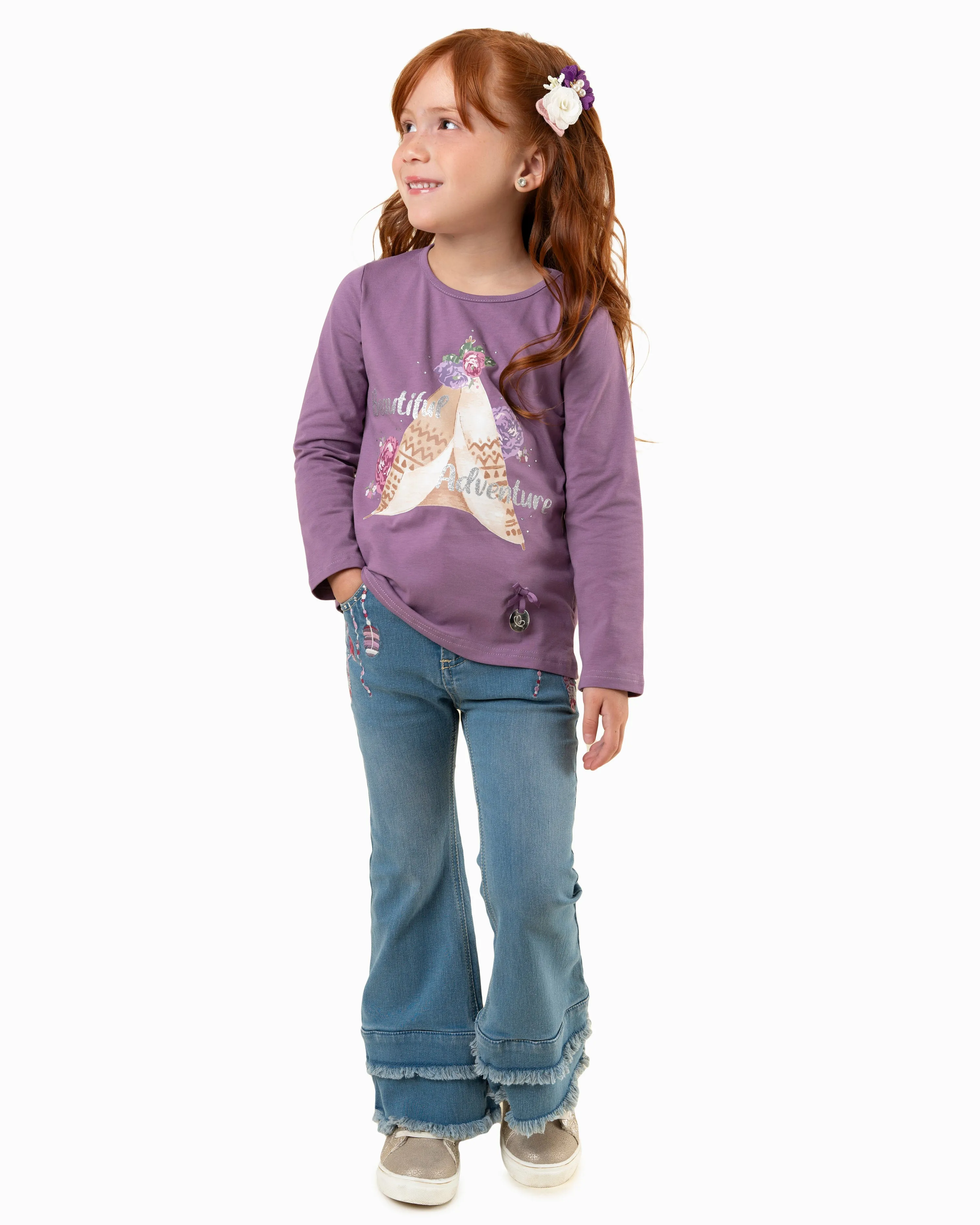 Jeans Niña Con Plumas Y Brillos