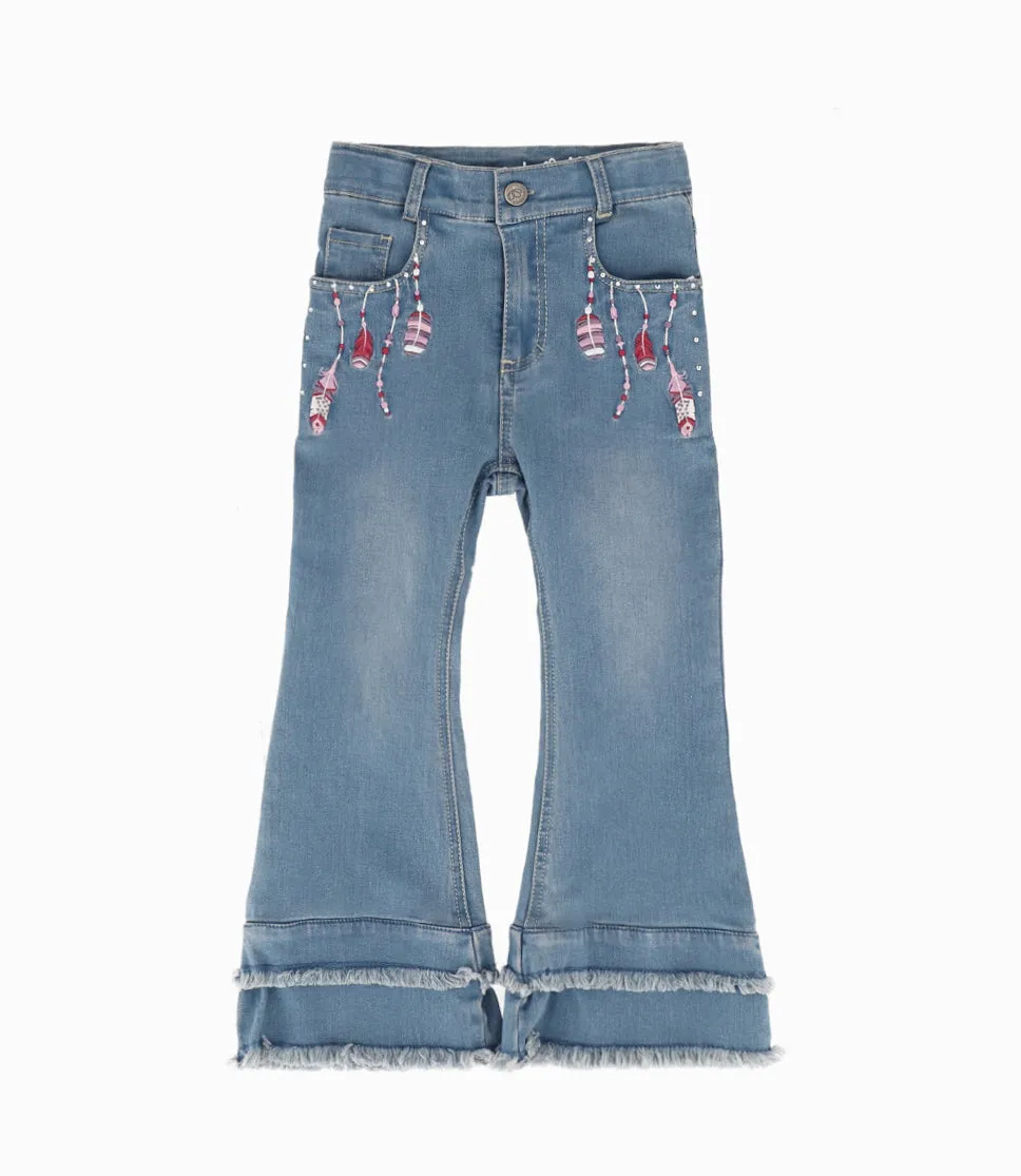 Jeans Niña Con Plumas Y Brillos