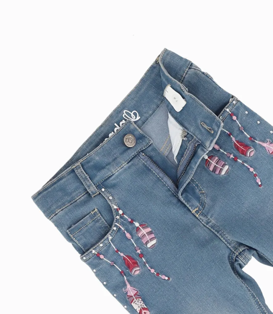 Jeans Niña Con Plumas Y Brillos