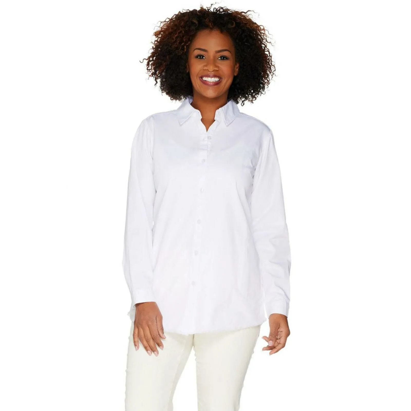 Joan Rivers Plus Lightweight Denim Boyfriend Shirt With Fringe Hem