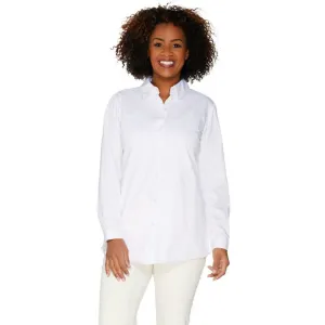 Joan Rivers Plus Lightweight Denim Boyfriend Shirt With Fringe Hem