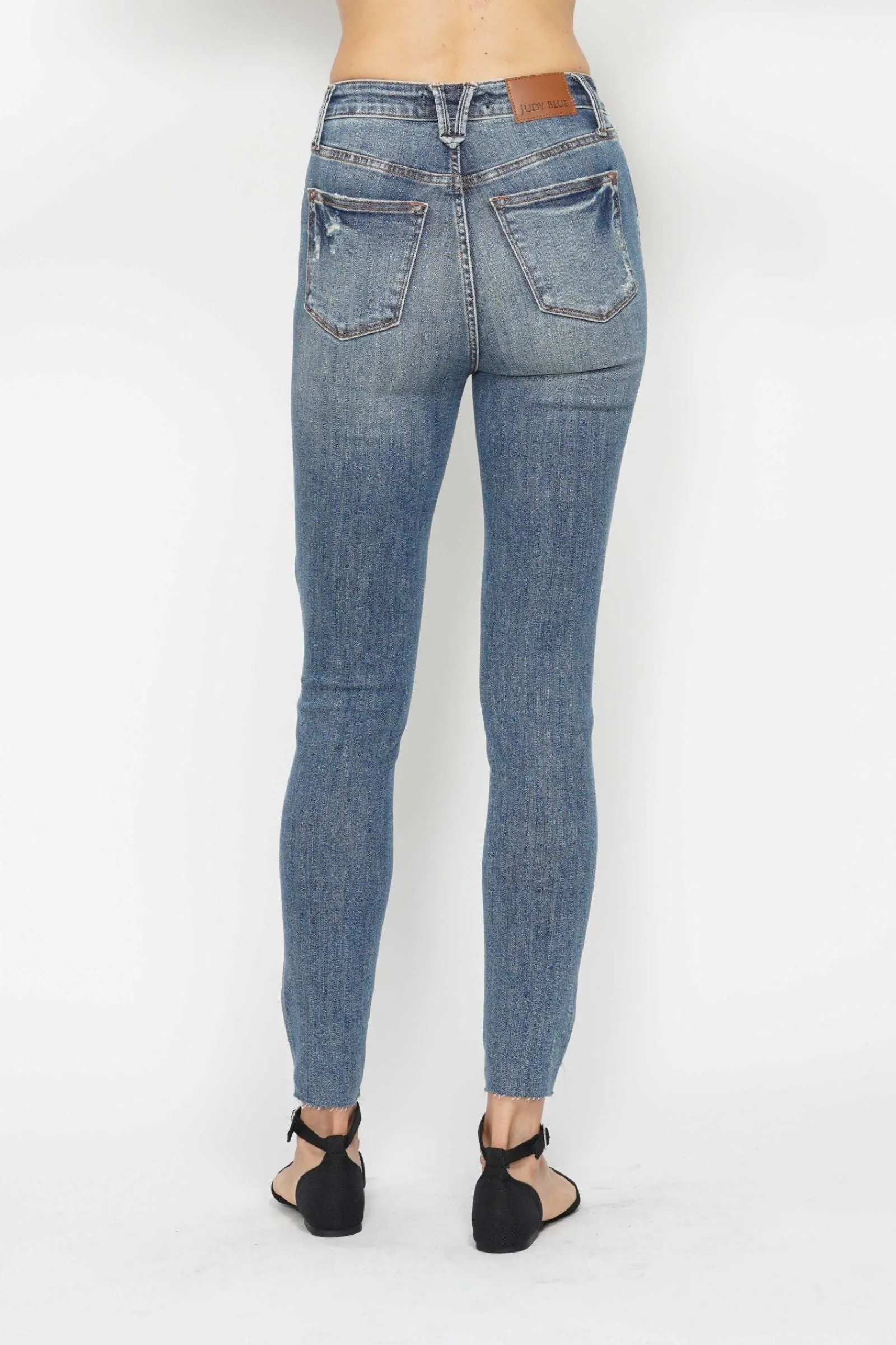 Judy Blue High Rise Tummy Control Vintage Wash Destroyed Hem Skinny Jeans