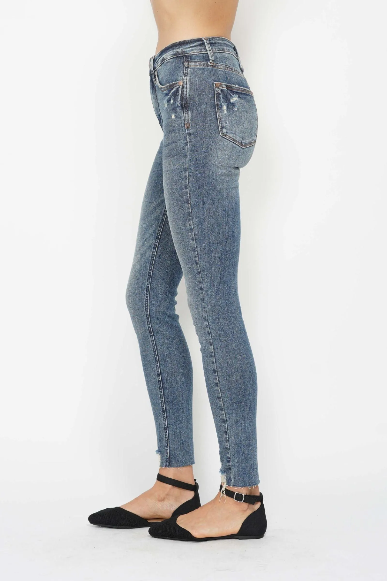 Judy Blue High Rise Tummy Control Vintage Wash Destroyed Hem Skinny Jeans
