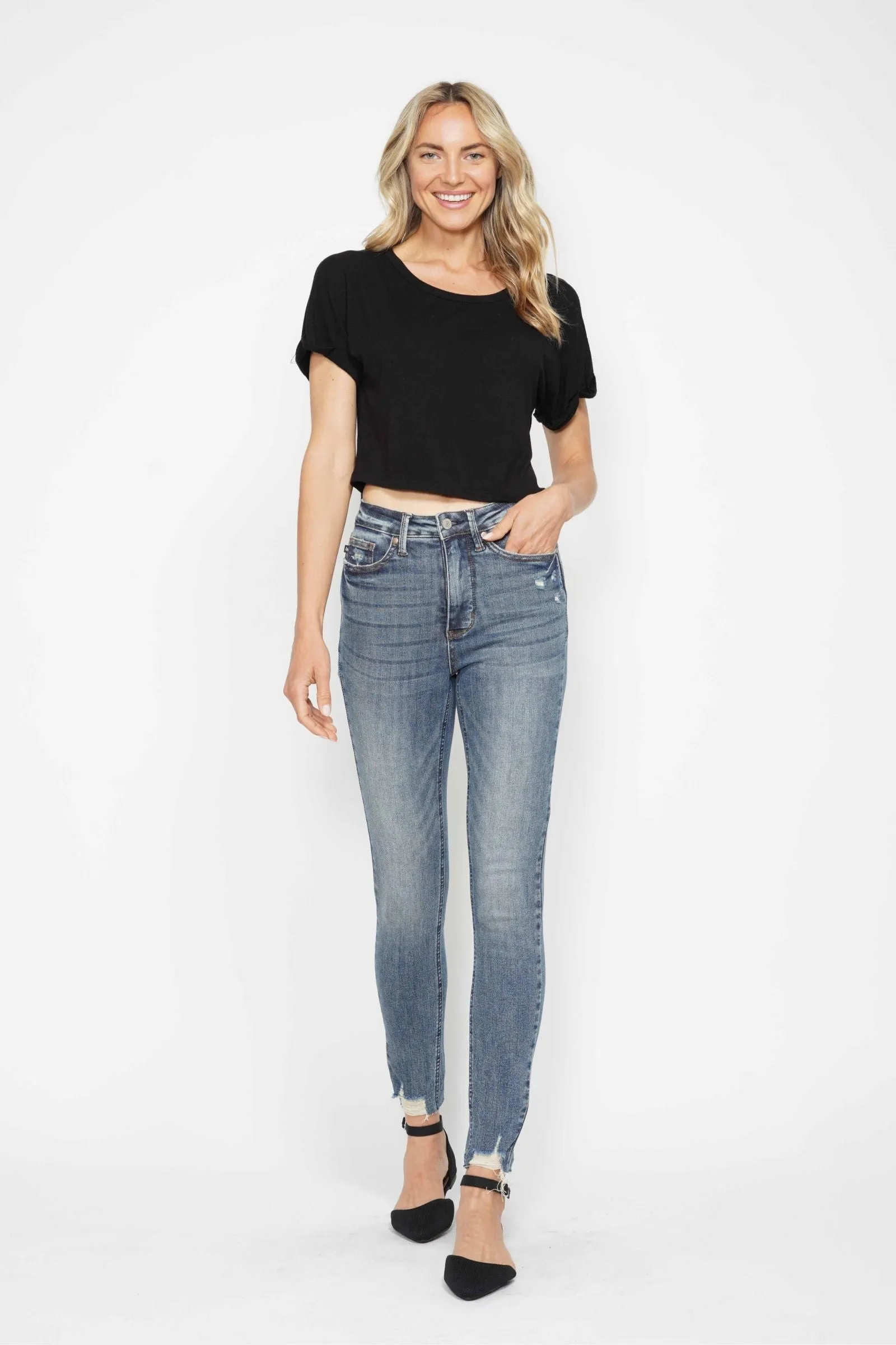 Judy Blue High Rise Tummy Control Vintage Wash Destroyed Hem Skinny Jeans