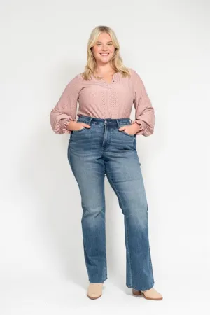Judy Blue Midrise Tummy Control Vintage Wash Cut Hem Flare