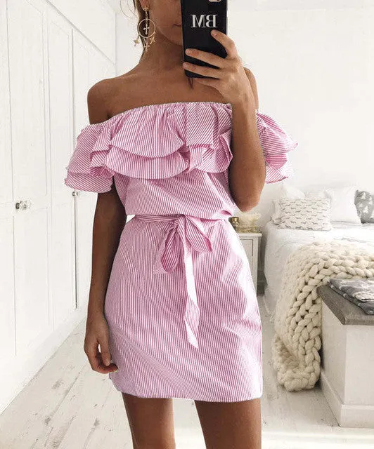 Kahlily Summer  Stripes Off Shoulder Ruffles Dress