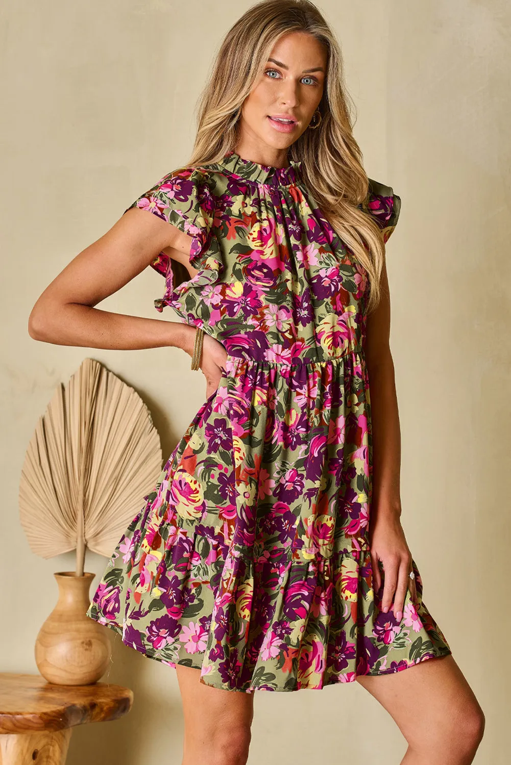 KaleaBoutique Floral Print Ruched Flutter Sleeve Frilled Neck Mini Dress