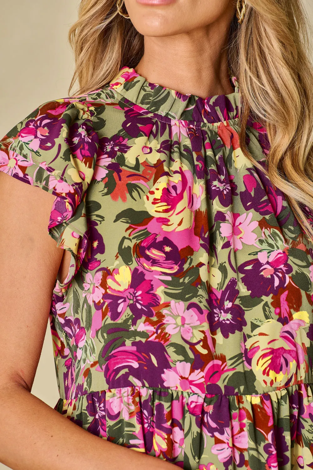 KaleaBoutique Floral Print Ruched Flutter Sleeve Frilled Neck Mini Dress