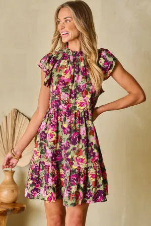 KaleaBoutique Floral Print Ruched Flutter Sleeve Frilled Neck Mini Dress