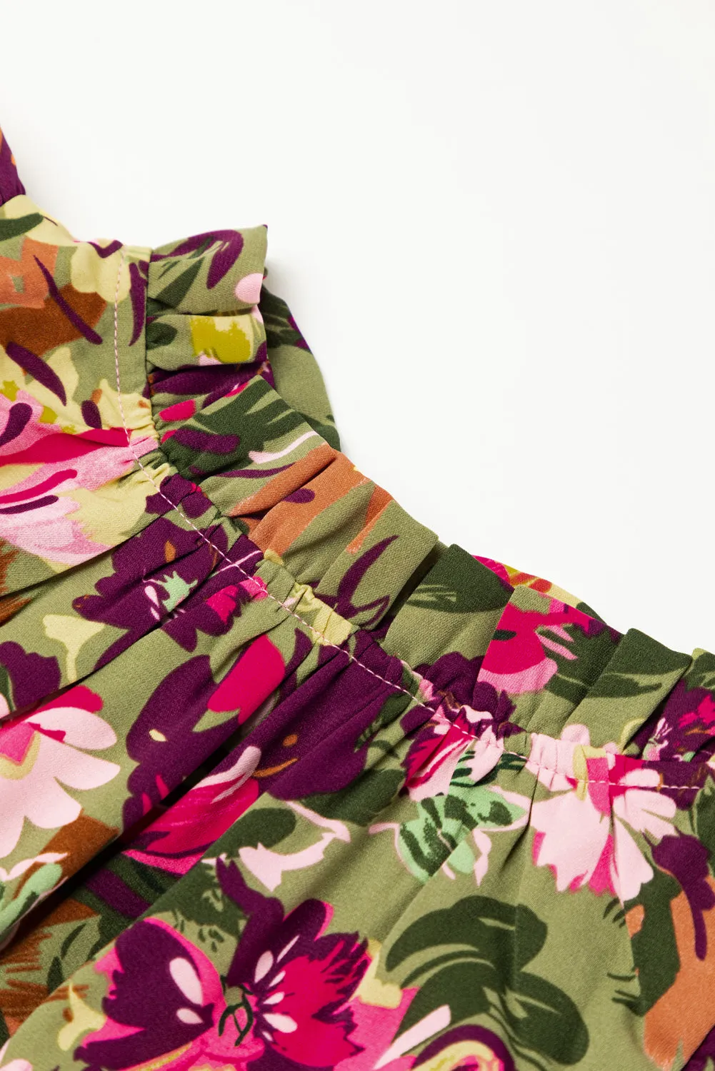 KaleaBoutique Floral Print Ruched Flutter Sleeve Frilled Neck Mini Dress