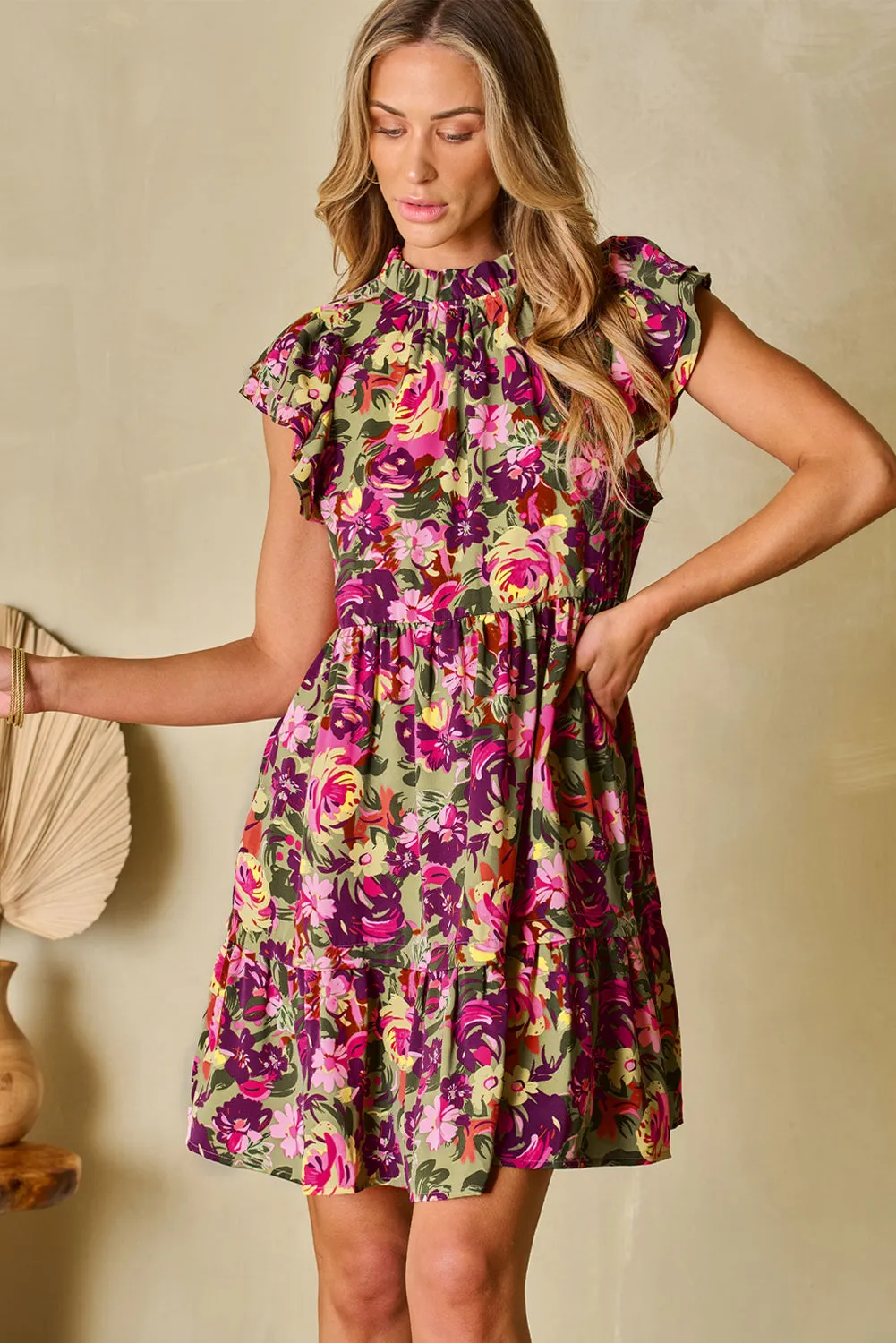 KaleaBoutique Floral Print Ruched Flutter Sleeve Frilled Neck Mini Dress