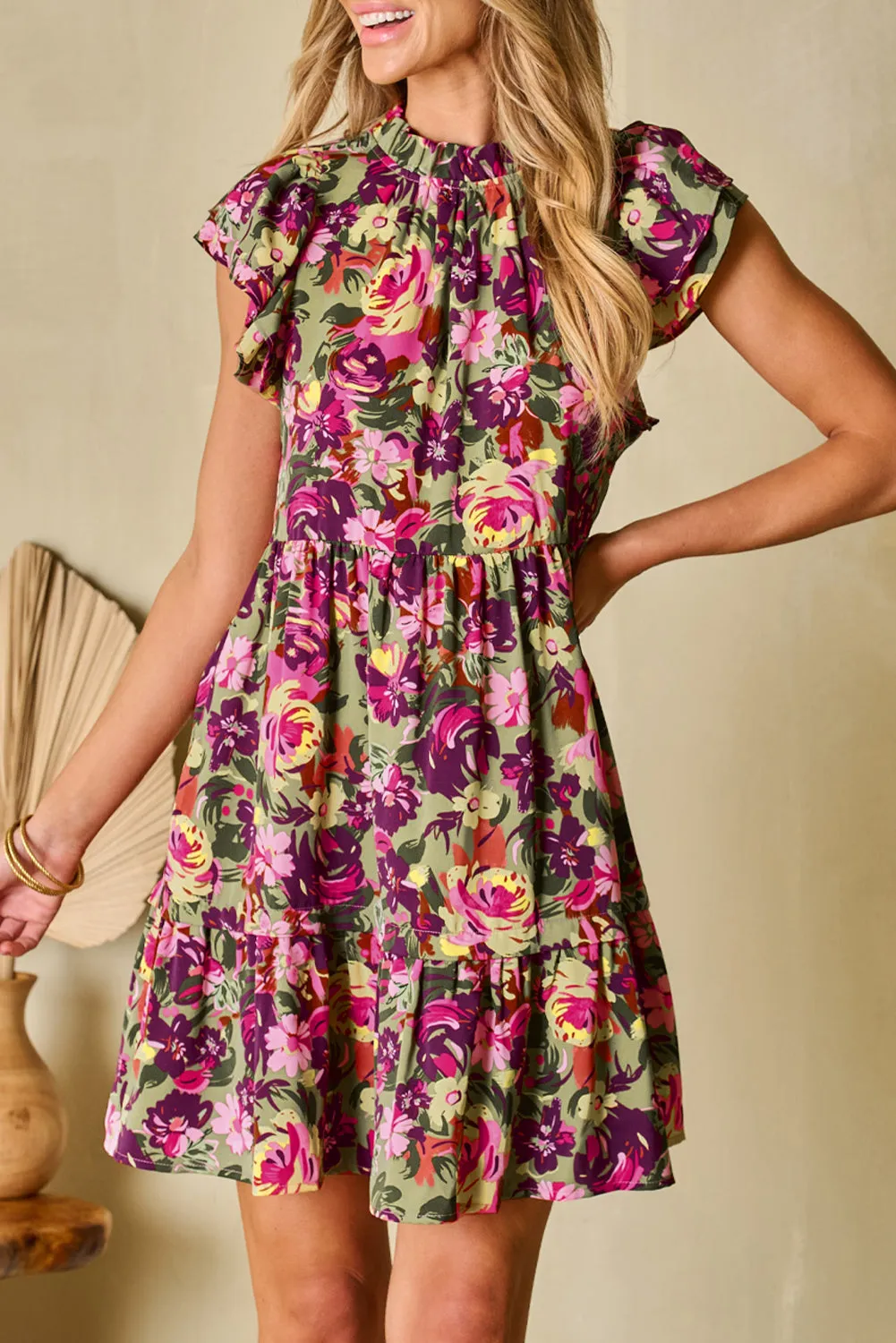 KaleaBoutique Floral Print Ruched Flutter Sleeve Frilled Neck Mini Dress