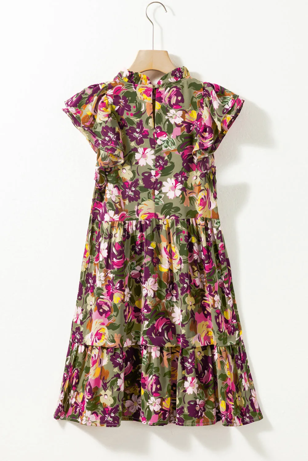 KaleaBoutique Floral Print Ruched Flutter Sleeve Frilled Neck Mini Dress