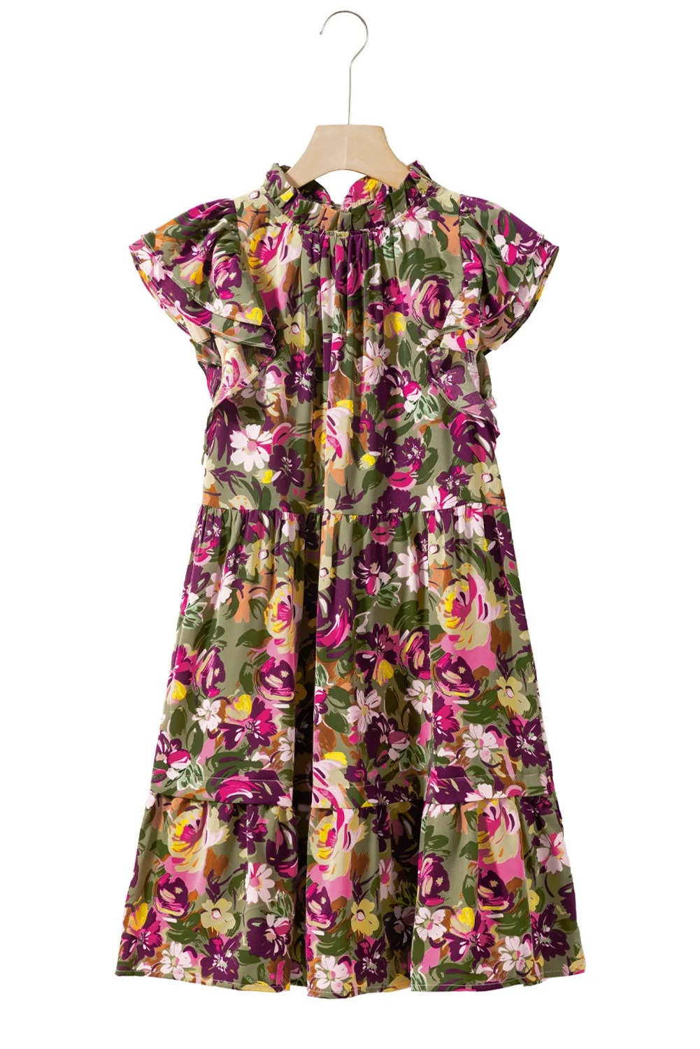 KaleaBoutique Floral Print Ruched Flutter Sleeve Frilled Neck Mini Dress