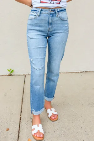 KanCan: High Rise Slim Straight Distressed Denim - Medium Wash