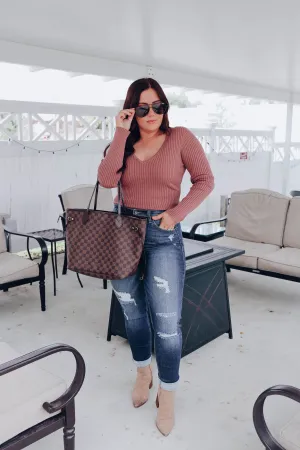 Krysten Double V Knit Sweater - Mauve